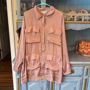 Light Mauve Utility Pocket Button-Up satin jacket